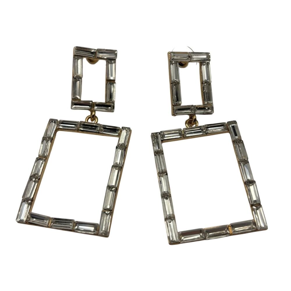 Elegant Golden Rectangular Clear Crystal Dangle Earrings